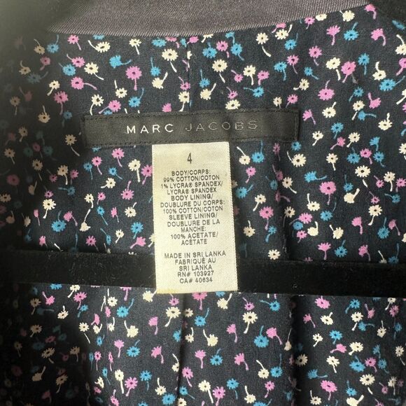 Marc Jacobs Slate Navy Fitted Button Blazer Floral Lining Mandarin Collar 4 - Picture 8 of 13